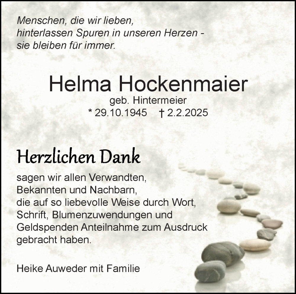  Traueranzeige für Helma Hockenmaier vom 06.03.2025 aus Leonberger Kreiszeitung / Strohgäu Extra