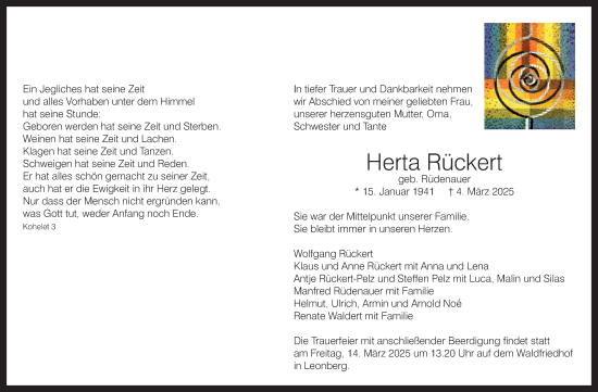 Traueranzeige von Herta Rückert von Leonberger Kreiszeitung / Strohgäu Extra