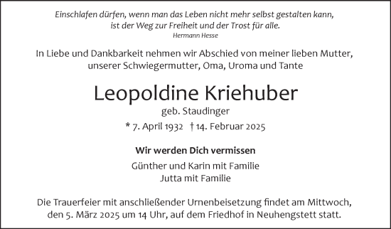 Traueranzeige von Leopoldine Kriehuber von Leonberger Kreiszeitung / Strohgäu Extra