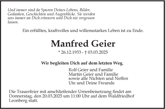 Traueranzeige von Manfred Geier von Leonberger Kreiszeitung / Strohgäu Extra