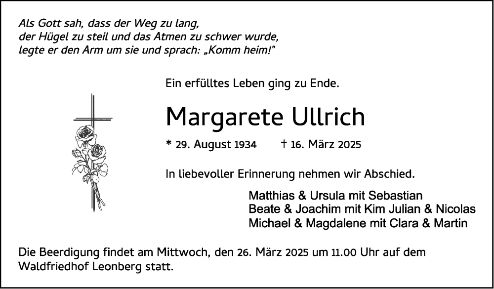  Traueranzeige für Margarete Ullrich vom 22.03.2025 aus Leonberger Kreiszeitung / Strohgäu Extra