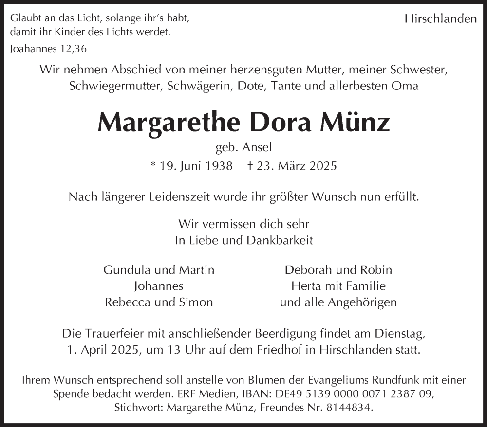 Traueranzeige für Margarethe Dora Münz vom 29.03.2025 aus Leonberger Kreiszeitung / Strohgäu Extra