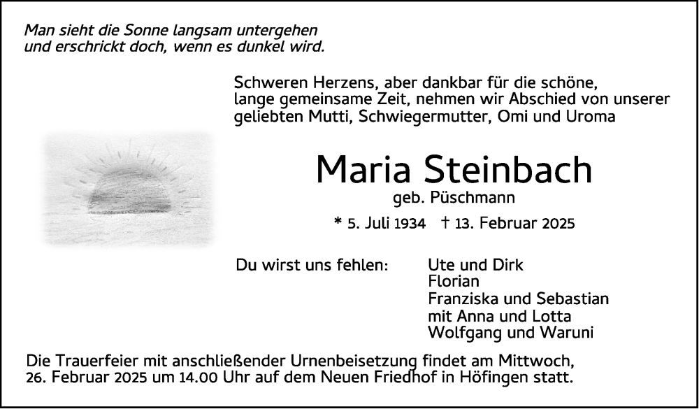  Traueranzeige für Maria Steinbach vom 24.02.2025 aus Leonberger Kreiszeitung / Strohgäu Extra