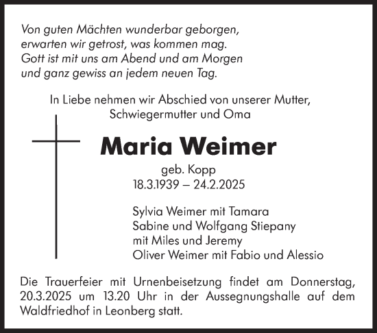 Traueranzeige von Maria Weimer von Leonberger Kreiszeitung / Strohgäu Extra