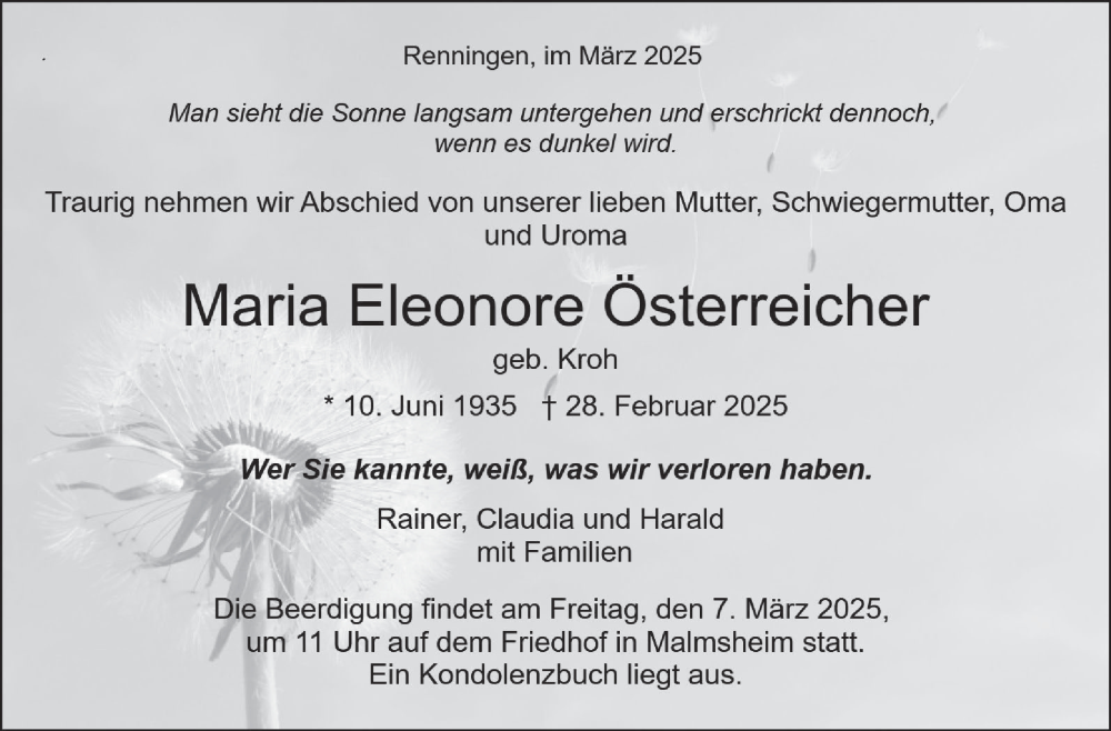  Traueranzeige für Maria Eleonore Österreicher vom 05.03.2025 aus Leonberger Kreiszeitung / Strohgäu Extra