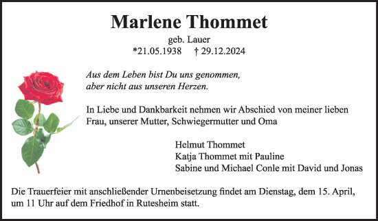Traueranzeige von Marlene Thommet von Leonberger Kreiszeitung / Strohgäu Extra