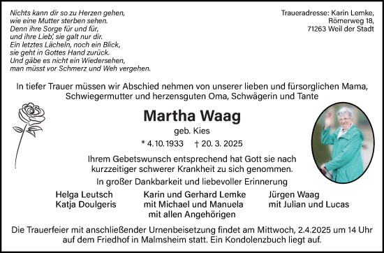 Traueranzeige von Martha Waag von Leonberger Kreiszeitung / Strohgäu Extra
