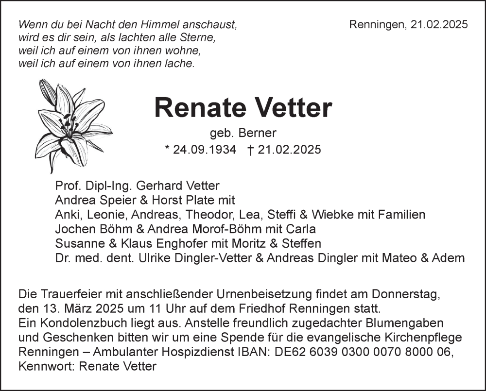  Traueranzeige für Renate Vetter vom 06.03.2025 aus Leonberger Kreiszeitung / Strohgäu Extra