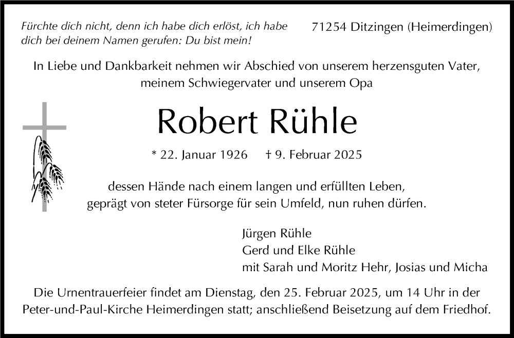  Traueranzeige für Robert Rühle vom 22.02.2025 aus Leonberger Kreiszeitung / Strohgäu Extra