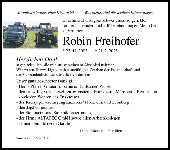 Traueranzeige von Robin Freihofer von Leonberger Kreiszeitung / Strohgäu Extra