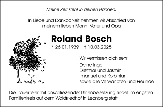 Traueranzeige von Roland Bosch von Leonberger Kreiszeitung / Strohgäu Extra