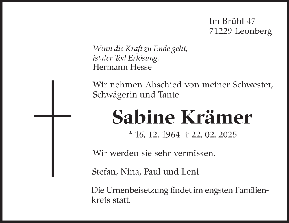  Traueranzeige für Sabine Krämer vom 01.03.2025 aus Leonberger Kreiszeitung / Strohgäu Extra