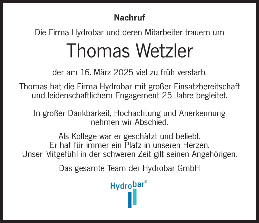  Traueranzeige für Thomas Wetzler vom 24.03.2025 aus Leonberger Kreiszeitung / Strohgäu Extra