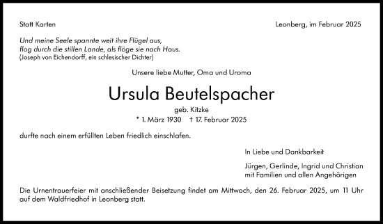Traueranzeige von Ursula Beutelspacher von Leonberger Kreiszeitung / Strohgäu Extra