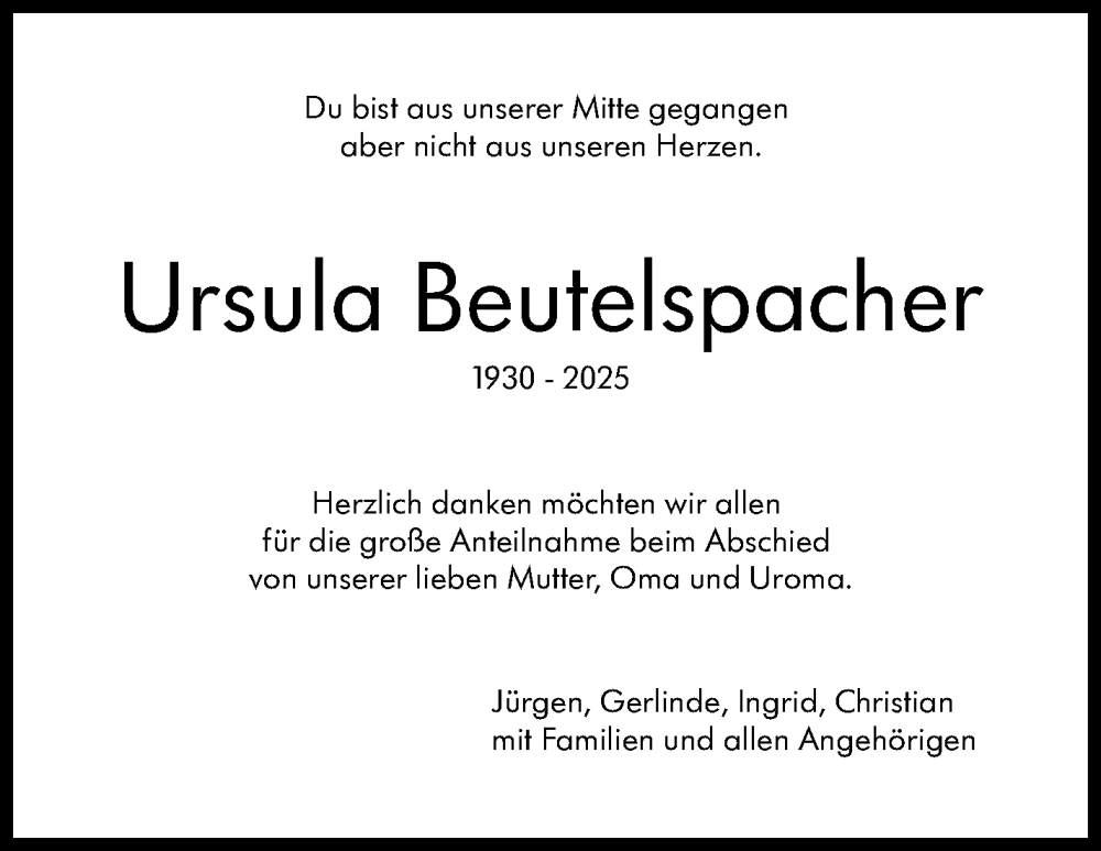  Traueranzeige für Ursula Beutelspacher vom 22.03.2025 aus Leonberger Kreiszeitung / Strohgäu Extra
