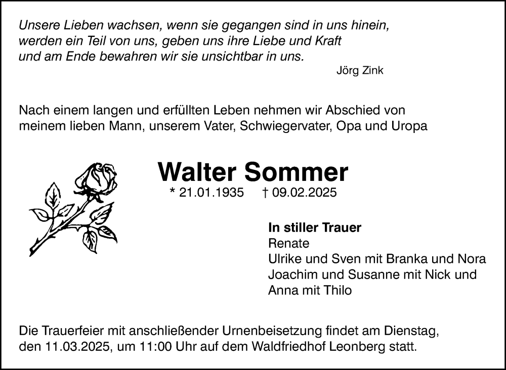  Traueranzeige für Walter Sommer vom 05.03.2025 aus Leonberger Kreiszeitung / Strohgäu Extra