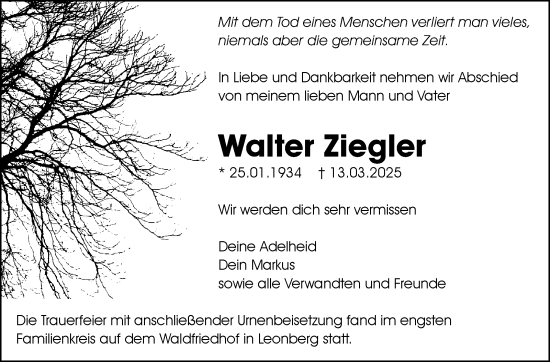 Traueranzeige von Walter Ziegler von Leonberger Kreiszeitung / Strohgäu Extra