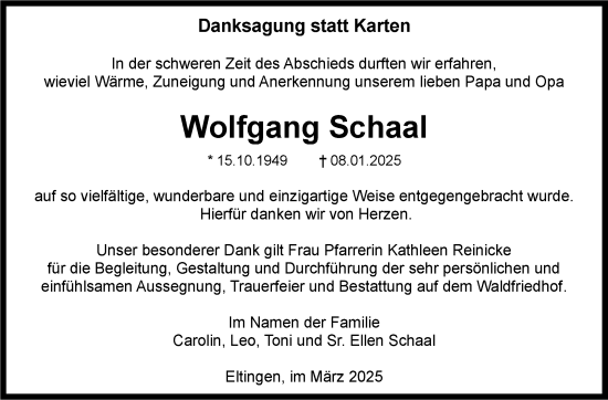 Traueranzeige von Wolfgang Schaal von Leonberger Kreiszeitung / Strohgäu Extra