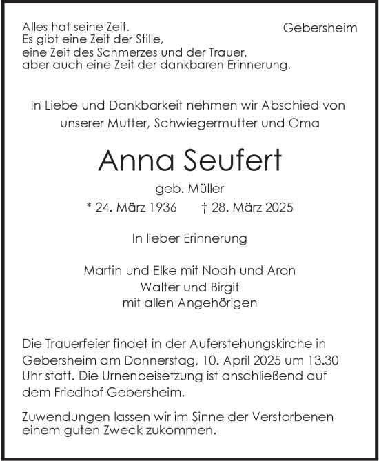 Traueranzeige von Anna Seufert von Leonberger Kreiszeitung / Strohgäu Extra
