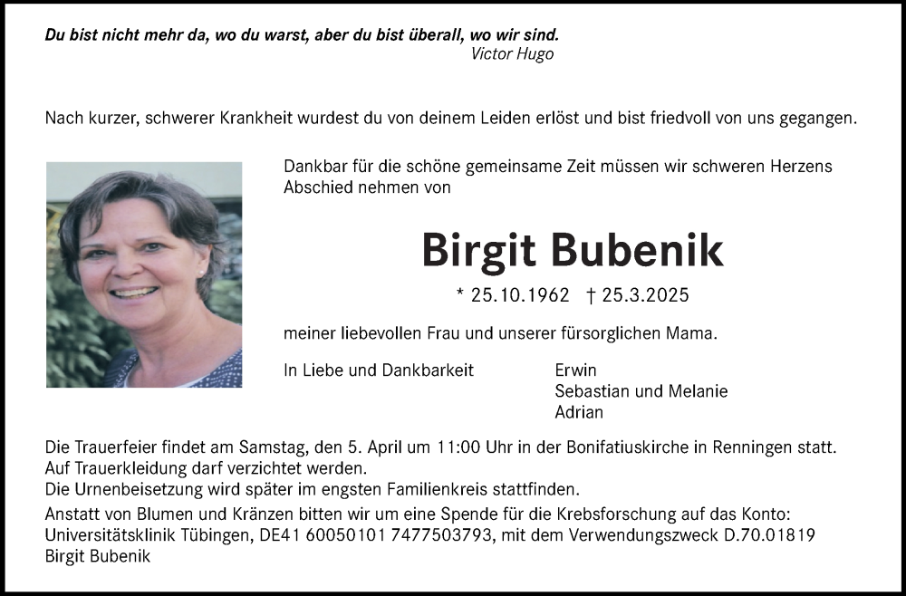  Traueranzeige für Birgit Bubenik vom 01.04.2025 aus Leonberger Kreiszeitung / Strohgäu Extra