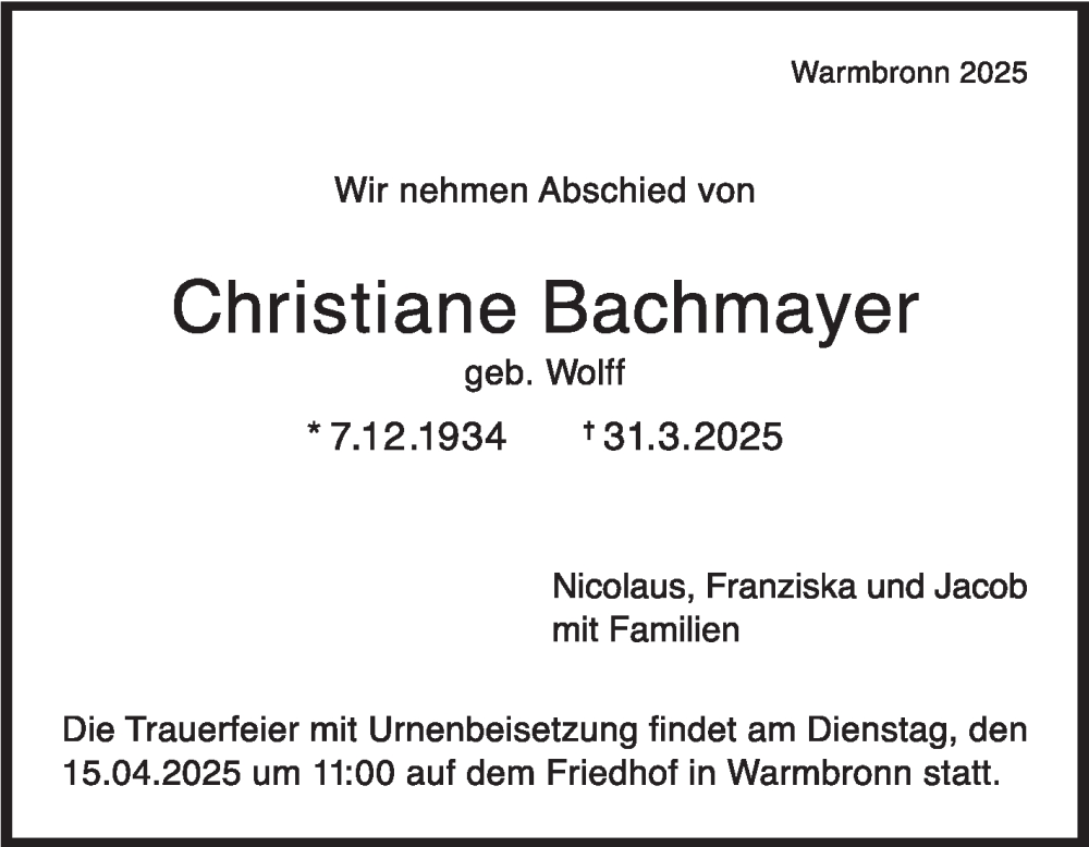  Traueranzeige für Christiane Bachmayer vom 12.04.2025 aus Leonberger Kreiszeitung / Strohgäu Extra