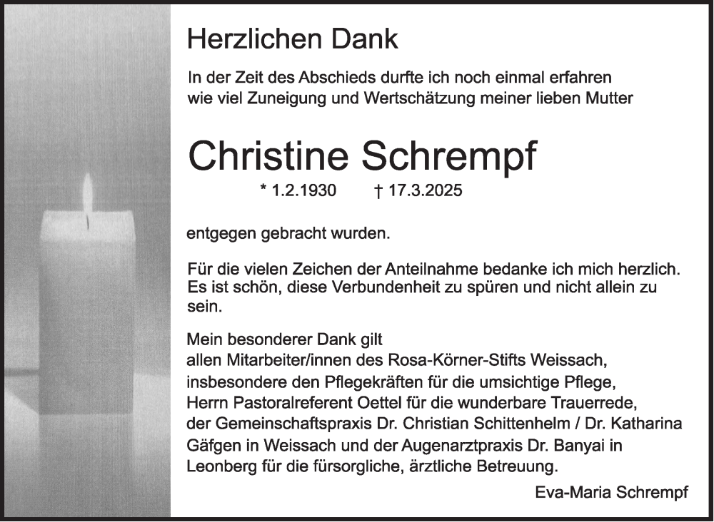  Traueranzeige für Christine Schrempf vom 23.04.2025 aus Leonberger Kreiszeitung / Strohgäu Extra