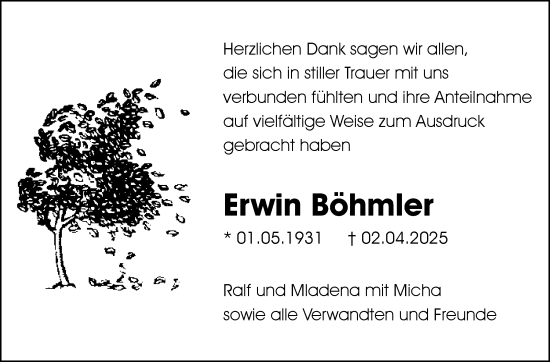 Traueranzeige von Erwin Böhmler von Leonberger Kreiszeitung / Strohgäu Extra