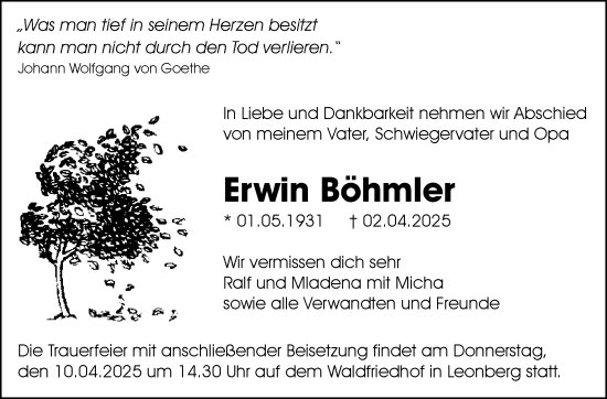 Traueranzeige von Erwin Böhmler von Leonberger Kreiszeitung / Strohgäu Extra