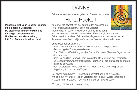 Traueranzeige von Herta Rückert von Leonberger Kreiszeitung / Strohgäu Extra