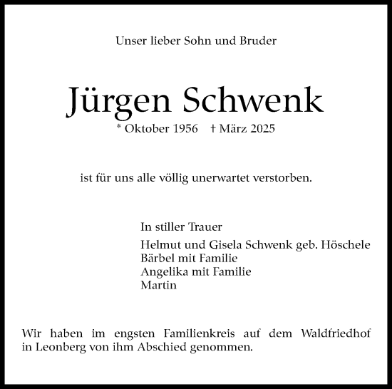 Traueranzeige von Jürgen Schwenk von Leonberger Kreiszeitung / Strohgäu Extra