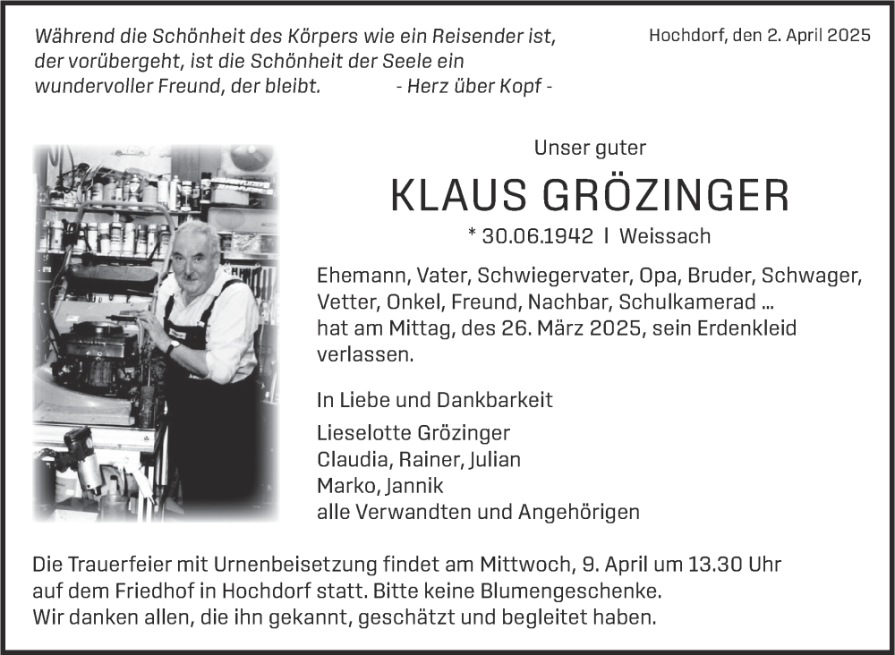  Traueranzeige für Klaus Grözinger vom 02.04.2025 aus Leonberger Kreiszeitung / Strohgäu Extra