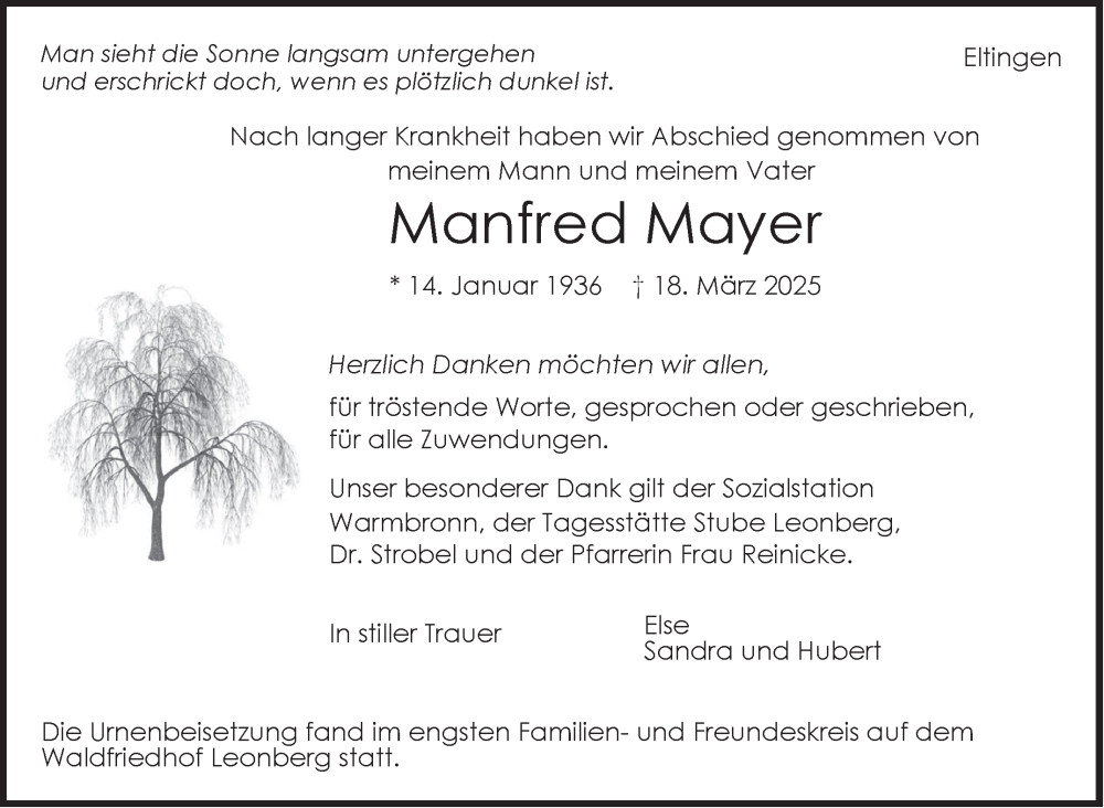  Traueranzeige für Manfred Mayer vom 16.04.2025 aus Leonberger Kreiszeitung / Strohgäu Extra