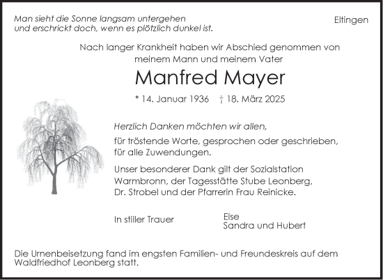 Traueranzeige von Manfred Mayer von Leonberger Kreiszeitung / Strohgäu Extra