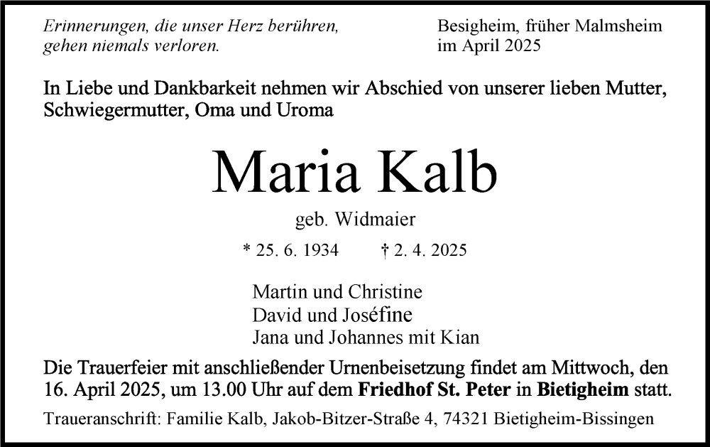  Traueranzeige für Maria Kalb vom 14.04.2025 aus Leonberger Kreiszeitung / Strohgäu Extra