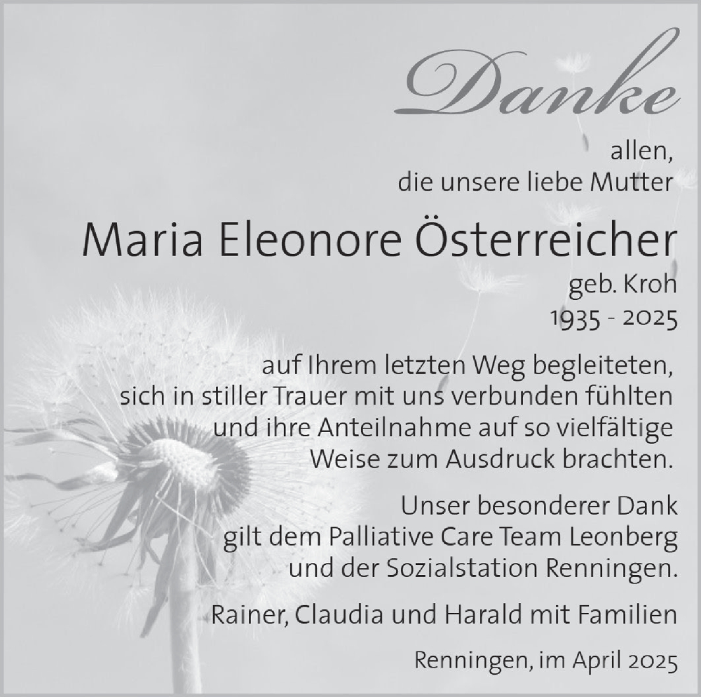  Traueranzeige für Maria Eleonore Österreicher vom 03.04.2025 aus Leonberger Kreiszeitung / Strohgäu Extra