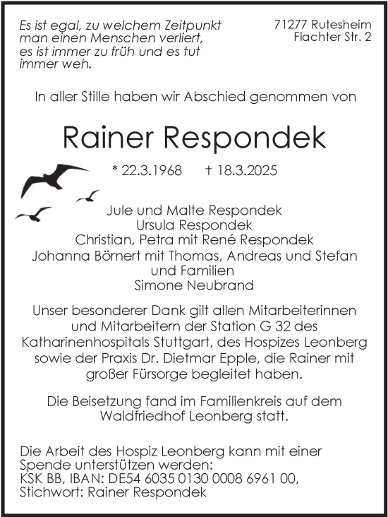 Traueranzeige von Rainer Respondek von Leonberger Kreiszeitung / Strohgäu Extra