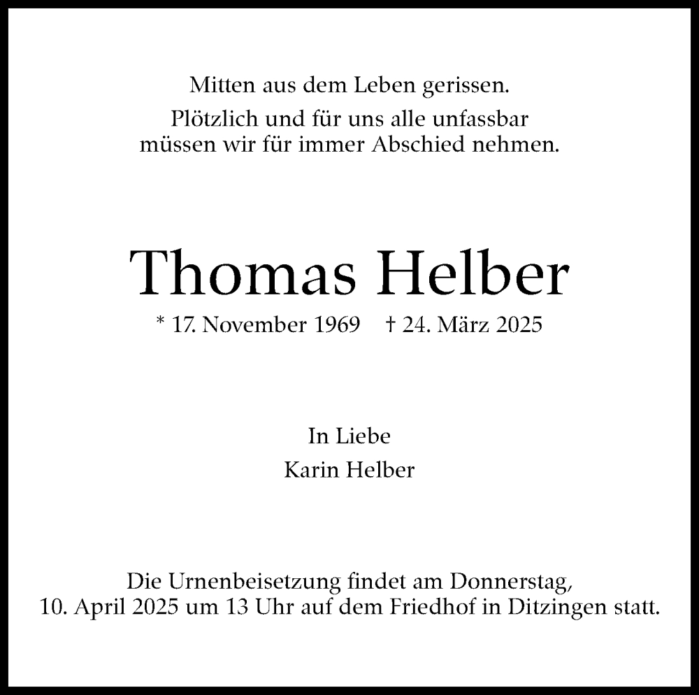  Traueranzeige für Thomas Helber vom 05.04.2025 aus Leonberger Kreiszeitung / Strohgäu Extra