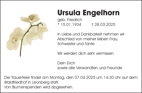 Traueranzeige von Ursula Engelhorn von Leonberger Kreiszeitung / Strohgäu Extra