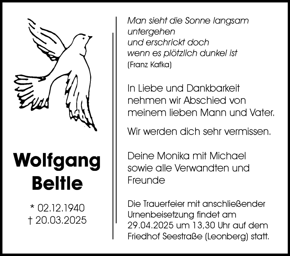  Traueranzeige für Wolfgang Beltle vom 17.04.2025 aus Leonberger Kreiszeitung / Strohgäu Extra