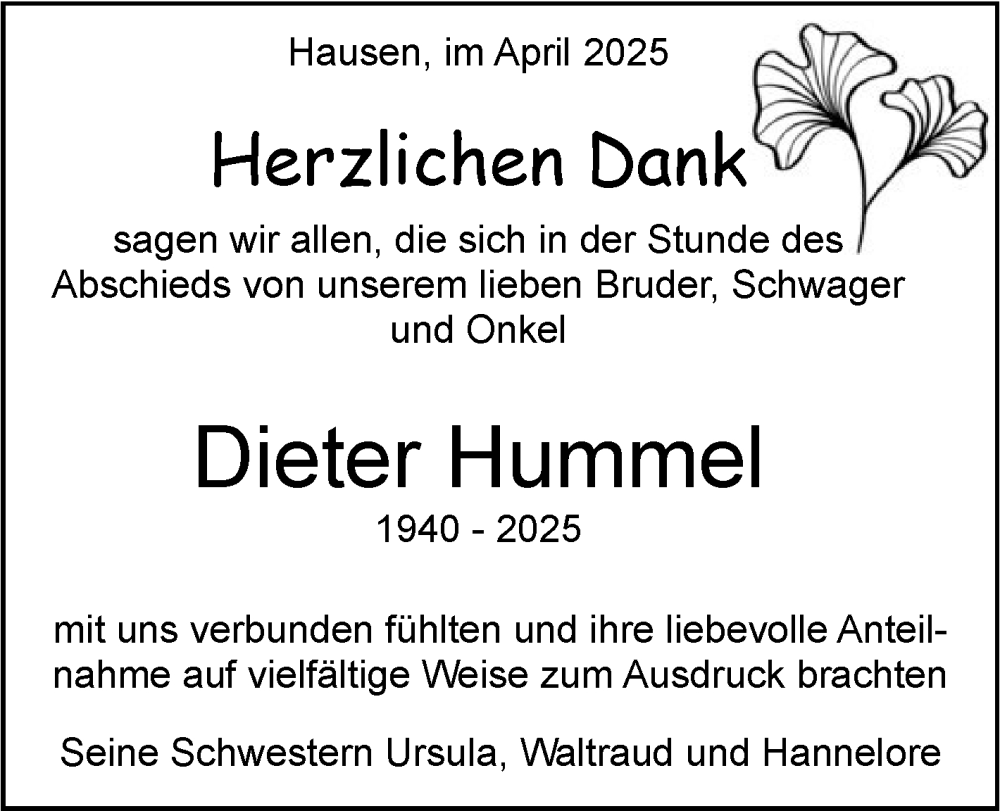  Traueranzeige für Dieter Hummel vom 07.05.2025 aus Leonberger Kreiszeitung / Strohgäu Extra