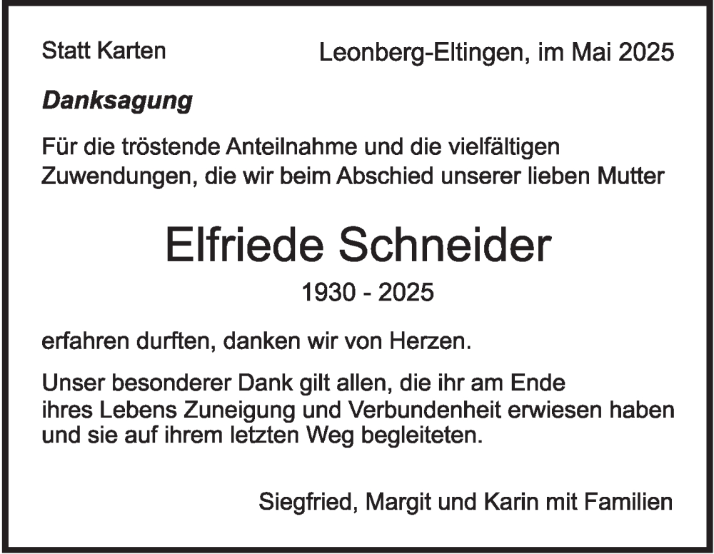  Traueranzeige für Elfriede Schneider vom 07.05.2025 aus Leonberger Kreiszeitung / Strohgäu Extra