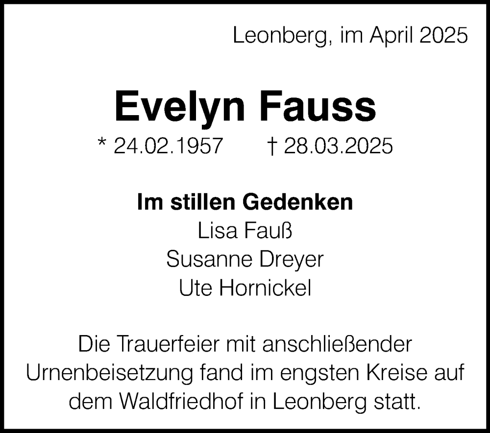  Traueranzeige für Evelyn Fauss vom 03.05.2025 aus Leonberger Kreiszeitung / Strohgäu Extra
