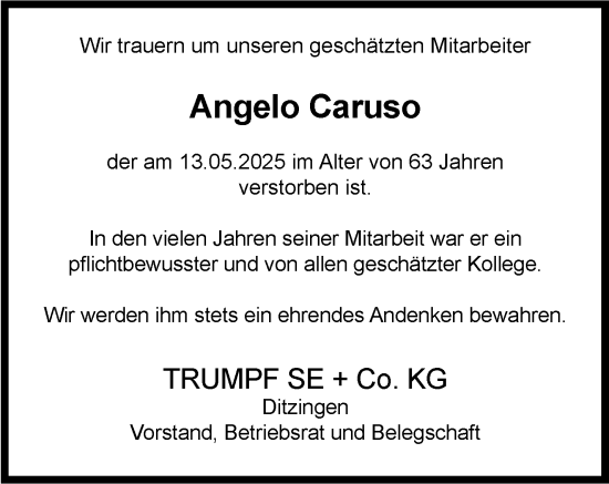 Traueranzeige von Angelo Caruso von Leonberger Kreiszeitung / Strohgäu Extra