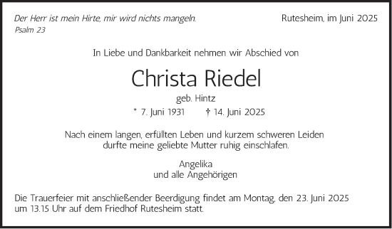 Traueranzeige von Christa Riedel von Leonberger Kreiszeitung / Strohgäu Extra