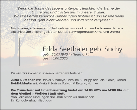 Traueranzeige von Edda Seethaler von Leonberger Kreiszeitung / Strohgäu Extra