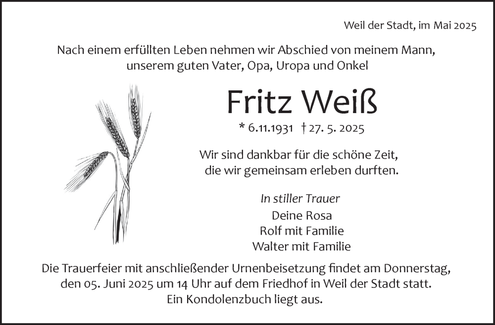  Traueranzeige für Fritz Weiß vom 31.05.2025 aus Leonberger Kreiszeitung / Strohgäu Extra