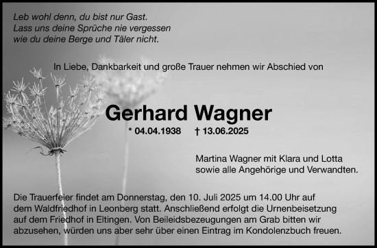 Traueranzeige von Gerhard Wagner von Leonberger Kreiszeitung / Strohgäu Extra