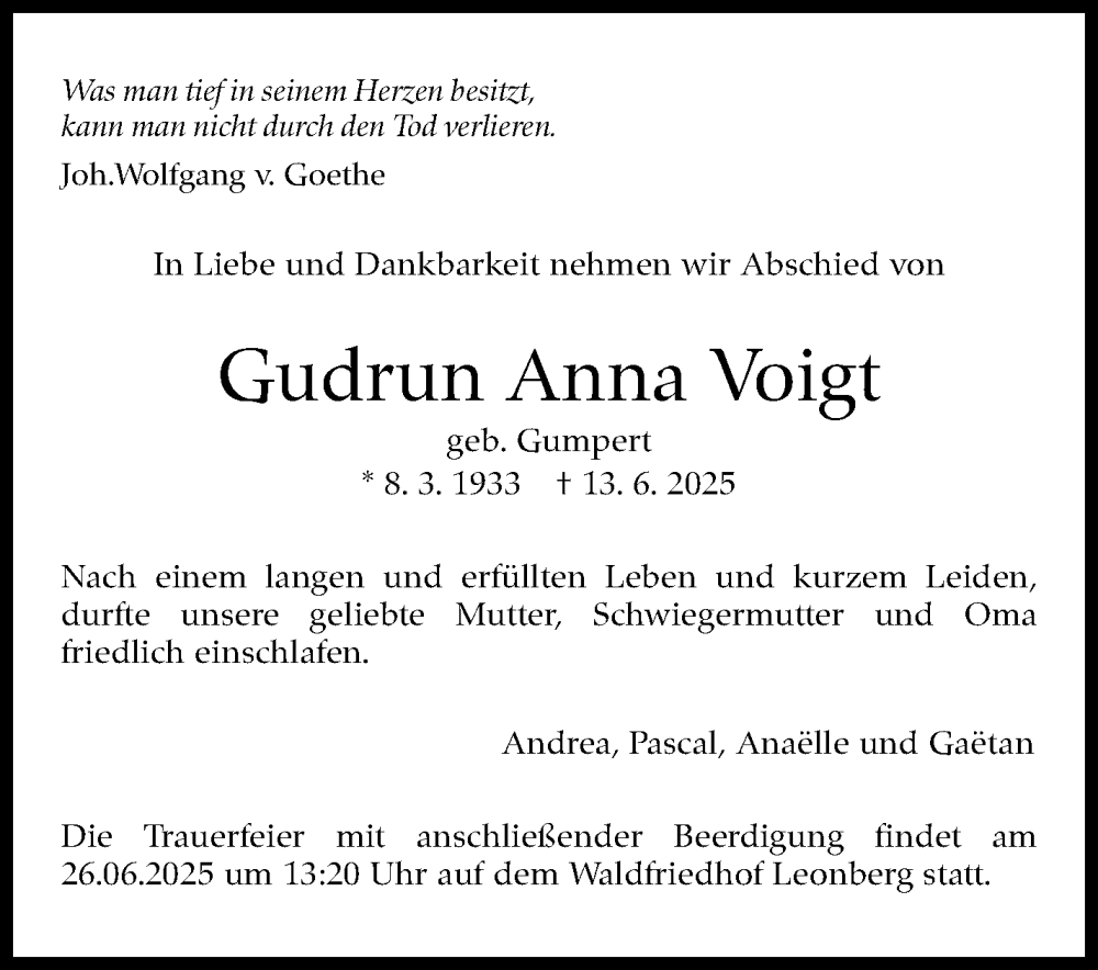  Traueranzeige für Gudrun Anna Voigt vom 24.06.2025 aus Leonberger Kreiszeitung / Strohgäu Extra