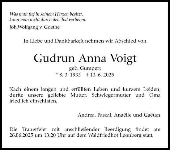 Traueranzeige von Gudrun Anna Voigt von Leonberger Kreiszeitung / Strohgäu Extra