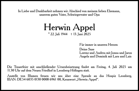 Traueranzeige von Herwin Appel von Leonberger Kreiszeitung / Strohgäu Extra